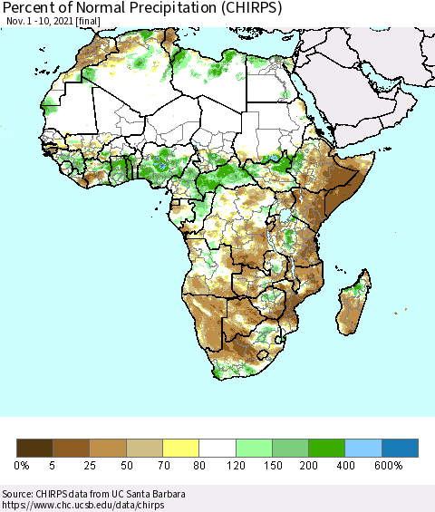 Africa Percent of Normal Precipitation (CHIRPS) Thematic Map For 11/1/2021 - 11/10/2021