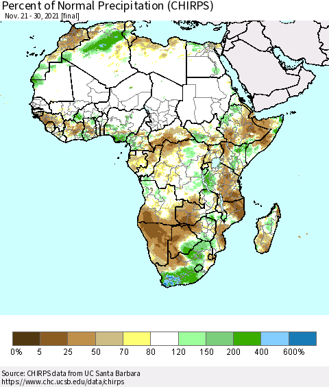 Africa Percent of Normal Precipitation (CHIRPS) Thematic Map For 11/21/2021 - 11/30/2021