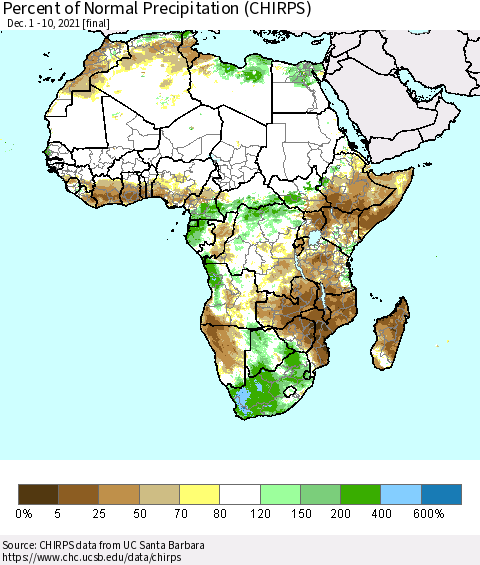 Africa Percent of Normal Precipitation (CHIRPS) Thematic Map For 12/1/2021 - 12/10/2021