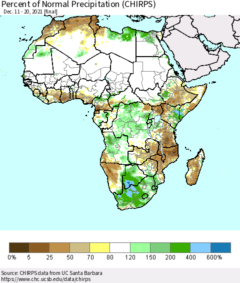 Africa Percent of Normal Precipitation (CHIRPS) Thematic Map For 12/11/2021 - 12/20/2021