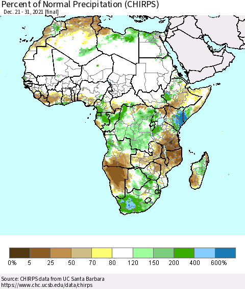Africa Percent of Normal Precipitation (CHIRPS) Thematic Map For 12/21/2021 - 12/31/2021