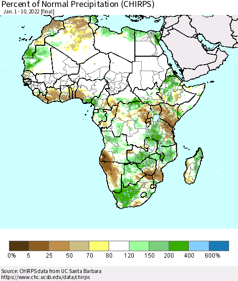 Africa Percent of Normal Precipitation (CHIRPS) Thematic Map For 1/1/2022 - 1/10/2022