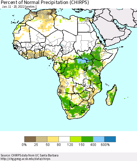 Africa Percent of Normal Precipitation (CHIRPS) Thematic Map For 1/11/2022 - 1/20/2022