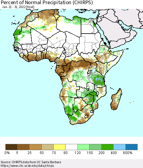 Africa Percent of Normal Precipitation (CHIRPS) Thematic Map For 1/21/2022 - 1/31/2022