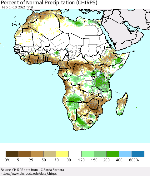 Africa Percent of Normal Precipitation (CHIRPS) Thematic Map For 2/1/2022 - 2/10/2022