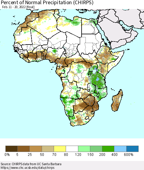 Africa Percent of Normal Precipitation (CHIRPS) Thematic Map For 2/11/2022 - 2/20/2022