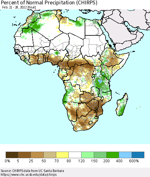 Africa Percent of Normal Precipitation (CHIRPS) Thematic Map For 2/21/2022 - 2/28/2022