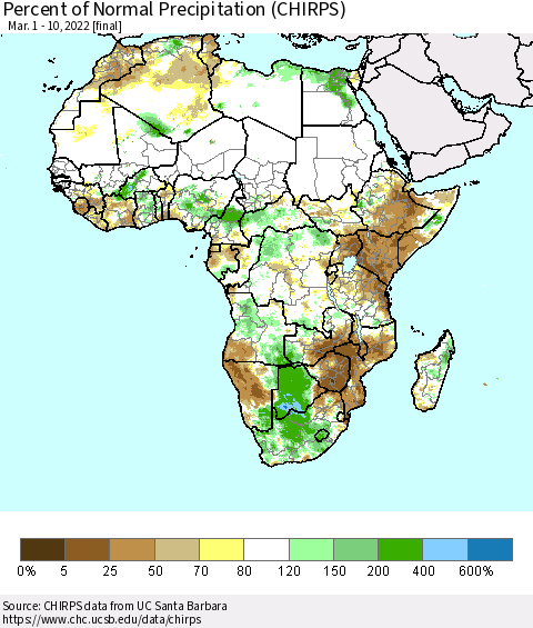 Africa Percent of Normal Precipitation (CHIRPS) Thematic Map For 3/1/2022 - 3/10/2022