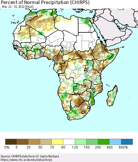 Africa Percent of Normal Precipitation (CHIRPS) Thematic Map For 3/21/2022 - 3/31/2022