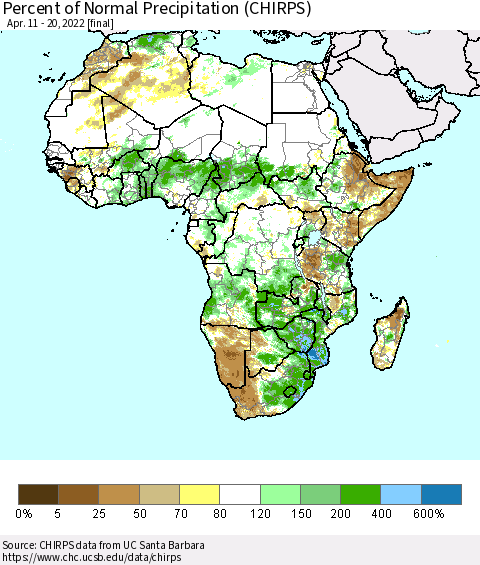 Africa Percent of Normal Precipitation (CHIRPS) Thematic Map For 4/11/2022 - 4/20/2022