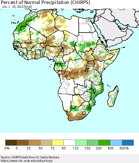 Africa Percent of Normal Precipitation (CHIRPS) Thematic Map For 6/1/2022 - 6/10/2022