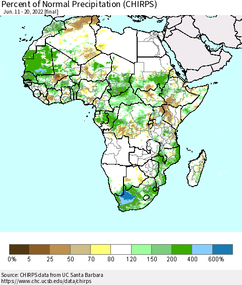 Africa Percent of Normal Precipitation (CHIRPS) Thematic Map For 6/11/2022 - 6/20/2022
