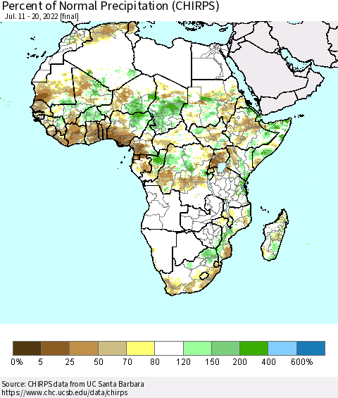 Africa Percent of Normal Precipitation (CHIRPS) Thematic Map For 7/11/2022 - 7/20/2022