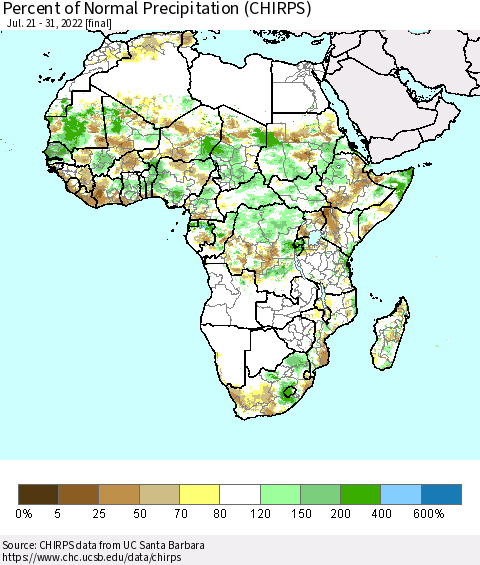 Africa Percent of Normal Precipitation (CHIRPS) Thematic Map For 7/21/2022 - 7/31/2022