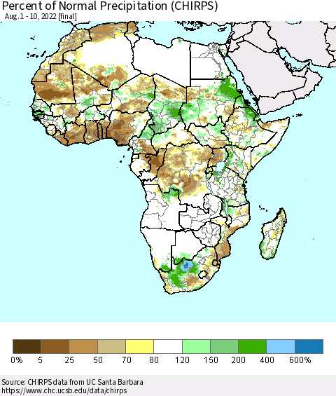 Africa Percent of Normal Precipitation (CHIRPS) Thematic Map For 8/1/2022 - 8/10/2022