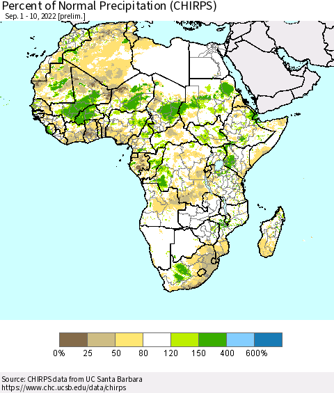 Africa Percent of Normal Precipitation (CHIRPS) Thematic Map For 9/1/2022 - 9/10/2022