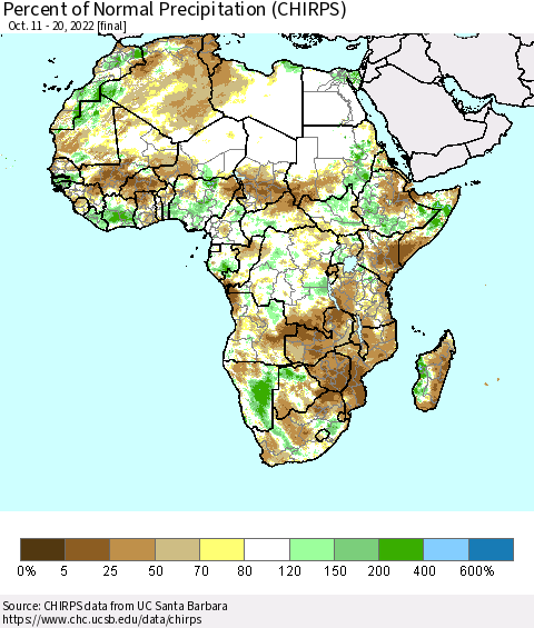 Africa Percent of Normal Precipitation (CHIRPS) Thematic Map For 10/11/2022 - 10/20/2022