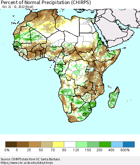 Africa Percent of Normal Precipitation (CHIRPS) Thematic Map For 10/21/2022 - 10/31/2022