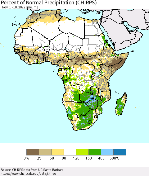 Africa Percent of Normal Precipitation (CHIRPS) Thematic Map For 11/1/2022 - 11/10/2022