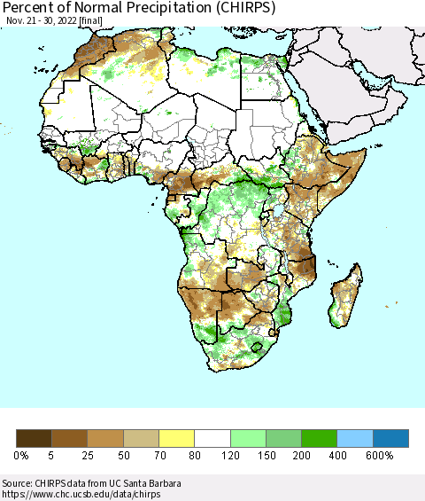 Africa Percent of Normal Precipitation (CHIRPS) Thematic Map For 11/21/2022 - 11/30/2022