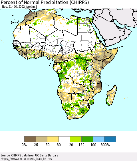 Africa Percent of Normal Precipitation (CHIRPS) Thematic Map For 11/21/2022 - 11/30/2022