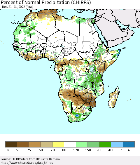 Africa Percent of Normal Precipitation (CHIRPS) Thematic Map For 12/21/2022 - 12/31/2022