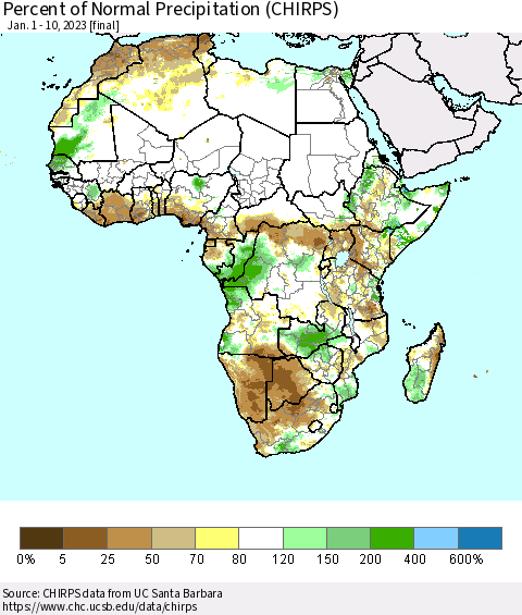 Africa Percent of Normal Precipitation (CHIRPS) Thematic Map For 1/1/2023 - 1/10/2023