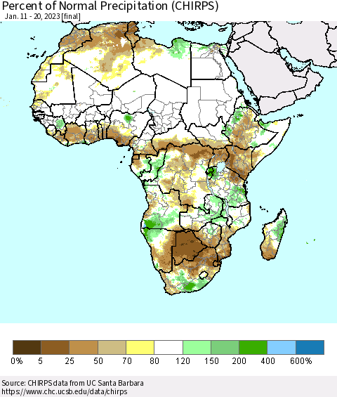 Africa Percent of Normal Precipitation (CHIRPS) Thematic Map For 1/11/2023 - 1/20/2023