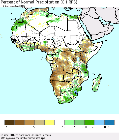 Africa Percent of Normal Precipitation (CHIRPS) Thematic Map For 2/1/2023 - 2/10/2023