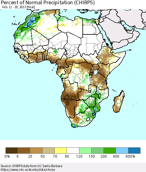 Africa Percent of Normal Precipitation (CHIRPS) Thematic Map For 2/11/2023 - 2/20/2023