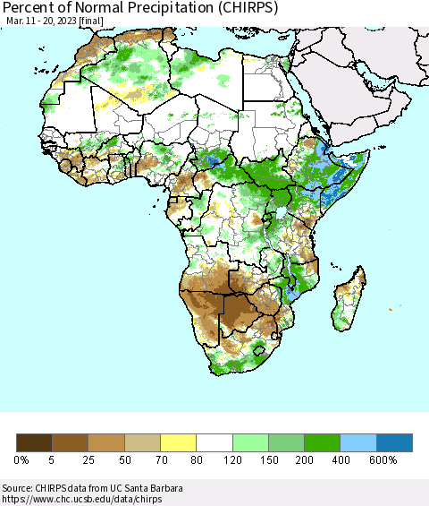 Africa Percent of Normal Precipitation (CHIRPS) Thematic Map For 3/11/2023 - 3/20/2023