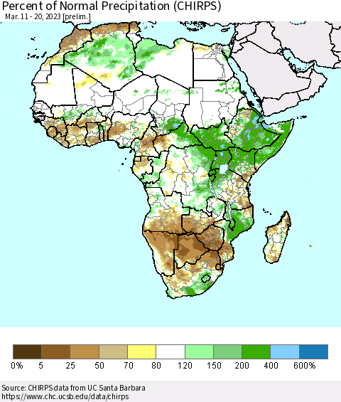 Africa Percent of Normal Precipitation (CHIRPS) Thematic Map For 3/11/2023 - 3/20/2023