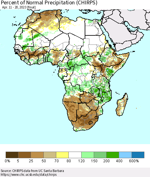 Africa Percent of Normal Precipitation (CHIRPS) Thematic Map For 4/11/2023 - 4/20/2023