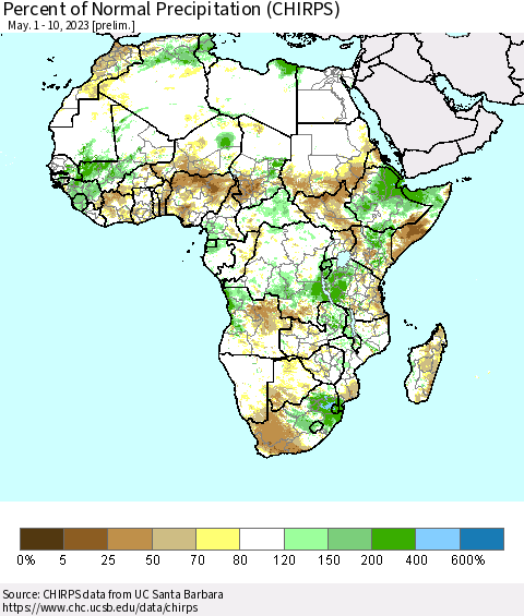 Africa Percent of Normal Precipitation (CHIRPS) Thematic Map For 5/1/2023 - 5/10/2023