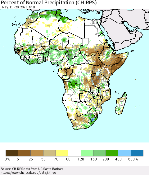 Africa Percent of Normal Precipitation (CHIRPS) Thematic Map For 5/11/2023 - 5/20/2023