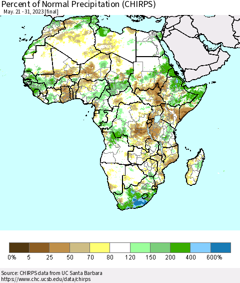 Africa Percent of Normal Precipitation (CHIRPS) Thematic Map For 5/21/2023 - 5/31/2023