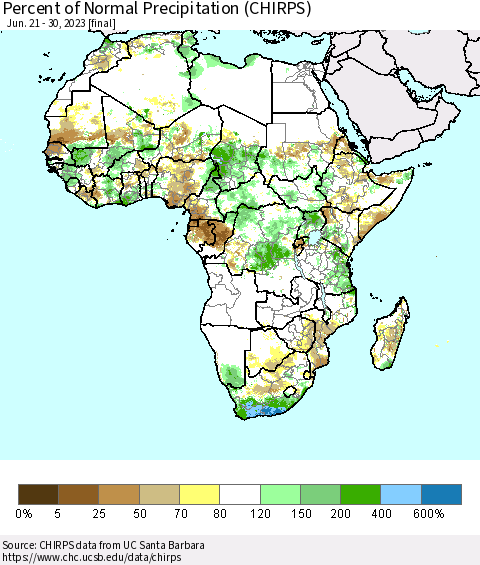 Africa Percent of Normal Precipitation (CHIRPS) Thematic Map For 6/21/2023 - 6/30/2023