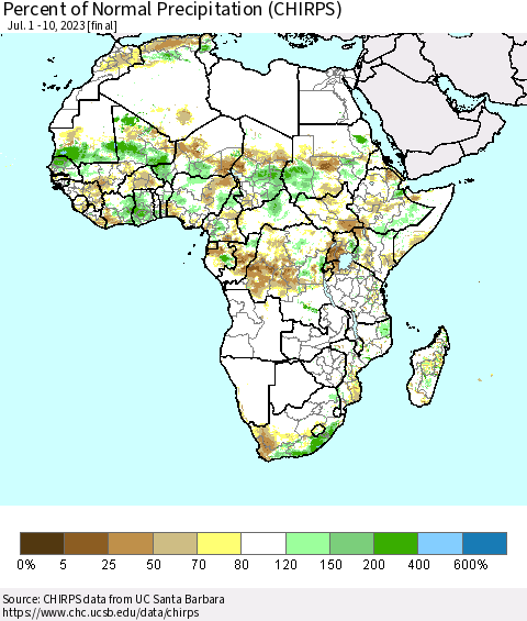 Africa Percent of Normal Precipitation (CHIRPS) Thematic Map For 7/1/2023 - 7/10/2023