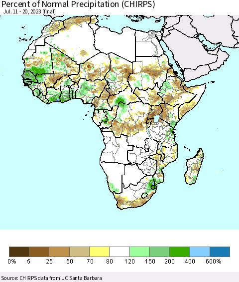 Africa Percent of Normal Precipitation (CHIRPS) Thematic Map For 7/11/2023 - 7/20/2023