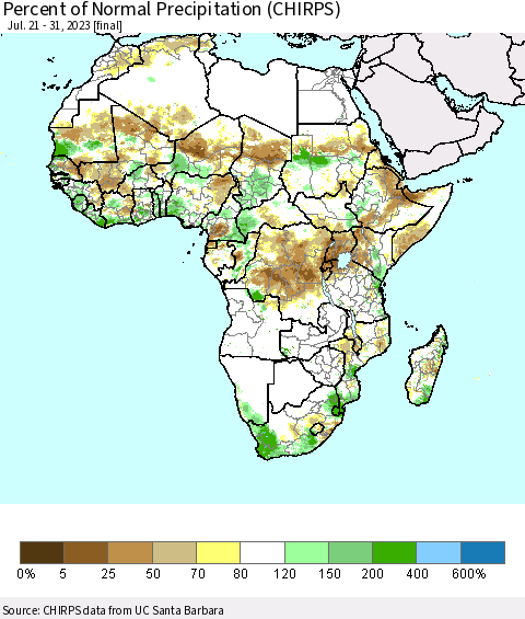 Africa Percent of Normal Precipitation (CHIRPS) Thematic Map For 7/21/2023 - 7/31/2023