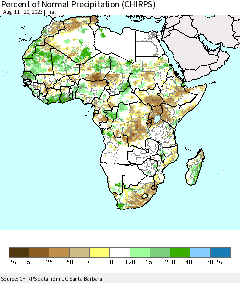 Africa Percent of Normal Precipitation (CHIRPS) Thematic Map For 8/11/2023 - 8/20/2023