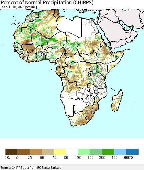 Africa Percent of Normal Precipitation (CHIRPS) Thematic Map For 9/1/2023 - 9/10/2023
