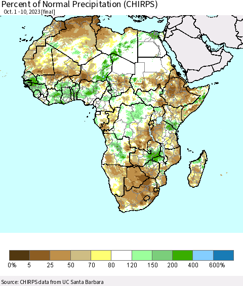 Africa Percent of Normal Precipitation (CHIRPS) Thematic Map For 10/1/2023 - 10/10/2023