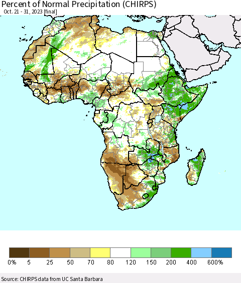 Africa Percent of Normal Precipitation (CHIRPS) Thematic Map For 10/21/2023 - 10/31/2023