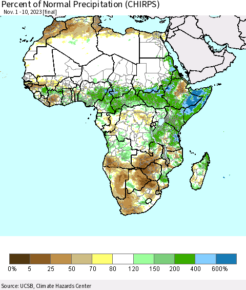 Africa Percent of Normal Precipitation (CHIRPS) Thematic Map For 11/1/2023 - 11/10/2023