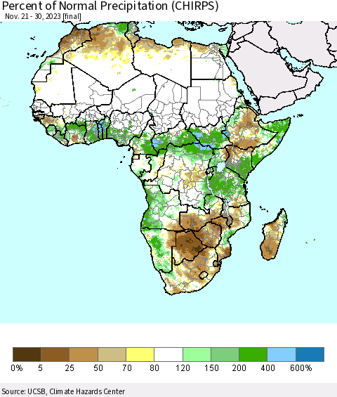 Africa Percent of Normal Precipitation (CHIRPS) Thematic Map For 11/21/2023 - 11/30/2023