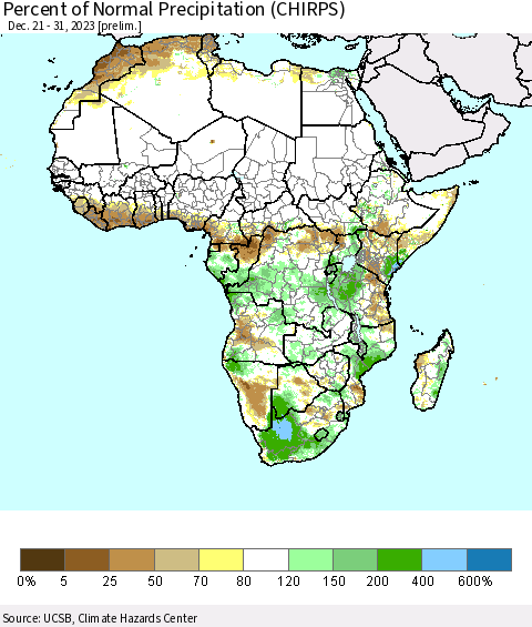 Africa Percent of Normal Precipitation (CHIRPS) Thematic Map For 12/21/2023 - 12/31/2023