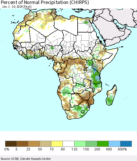Africa Percent of Normal Precipitation (CHIRPS) Thematic Map For 1/1/2024 - 1/10/2024