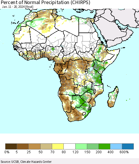 Africa Percent of Normal Precipitation (CHIRPS) Thematic Map For 1/11/2024 - 1/20/2024