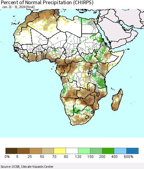Africa Percent of Normal Precipitation (CHIRPS) Thematic Map For 1/21/2024 - 1/31/2024